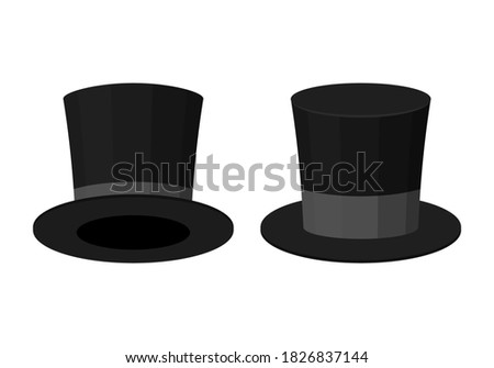 Black Top Hat isolated on white background. Cylinder gentleman hat, broad-brimmed magic hat with grey ribbon. Stylish men accessory. Vector illustration