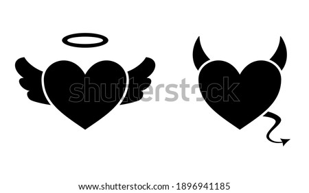 Heart with devil horns and a tail and heart with angel wings and halo isolated on white background, Devil love. Valentine Day concept, Vector illustration