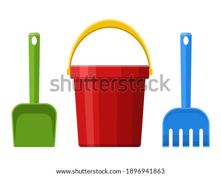 Red baby bucket, spade and rake isolated on white background. Toys set for children sandbox and playground, little bucket and shovel. Vector illustration