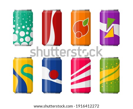Soda in colored aluminum cans set icons isolated on white background. Soft drinks sign. Carbonated non-alcoholic water with different flavors. Drinks in colored packaging. Vector illustration Imagine de stoc © 