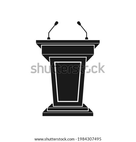 Black tribune icon stand rostrum with microphones on white background. Podium or pedestal stand for speech or public pulpit for orator. Tribute for press conference or media, politics communication.