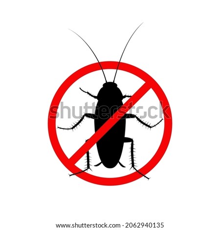 Cockroach insect in a red forbidding circle isolated on white background, Pest bug icon top view. The stop cockroach icon is forbidding sign. No pests. Flat body parasite pollution, roaches Vector