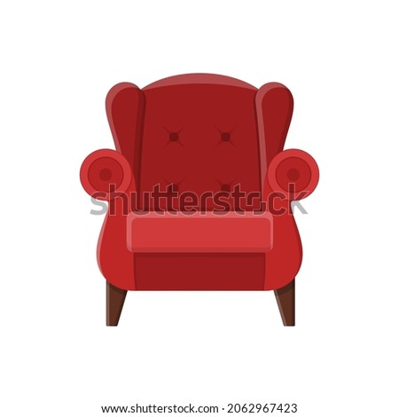 Stylish red comfortable armchair in flat style isolated on white background. Part of the interior of a living room or office. Soft furniture for rest and relaxation. Vector illustration