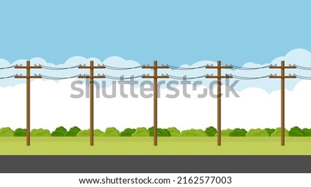 Overhead electric power lines with cables suspended on utility poles. Empty countryside road. Utility pole Electricity concept. High voltage wires. Landscape vector illustration