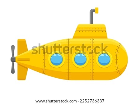 Yellow submarine with periscope isolated on white background. Underwater ship, bathyscaphe floating under sea water. Vector illustration