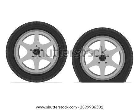 Normal and flat tire. Deflated automobile tire. Punctured wheel of car. Tire service station garage. Vector illustration.