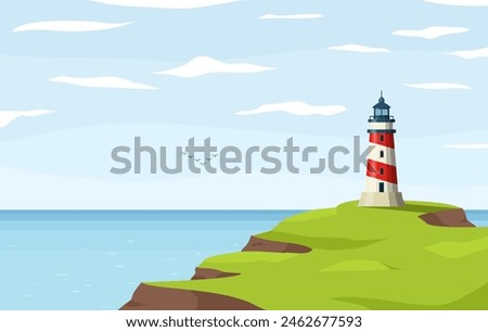 Lighthouse nautical tower on seashore. Sea coast or ocean beach rocks and lighthouse building. Coastline landscape with beacon. Hope symbol, expectation, solitude concept. Vector illustration