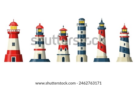 Lighthouse set of nautical towers with beacon lights. Sea coast or ocean beach rocks and lighthouse buildings icons with blue, red, white stripes and searchlight beams isolated. Vector illustration