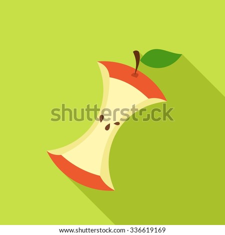 Apple Core in Flat style with shadow on green background. Vector Illustration
