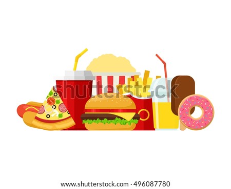Colorful Fast food vector isolated on white background. Fast food hamburger dinner and restaurant, tasty set fast food many meal and unhealthy fast food classic nutrition in flat style.