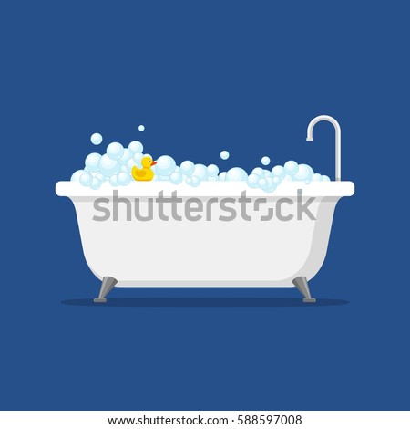Bathtub with foam bubbles inside and bath yellow rubber duck isolated on blue background. Bath time in flat style vector illustration