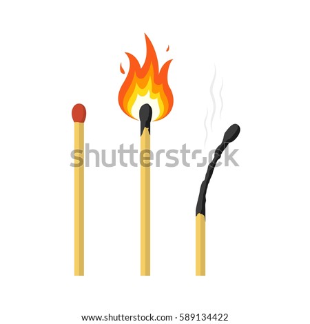 Matches, lighted match and burned match. Vector illustration.