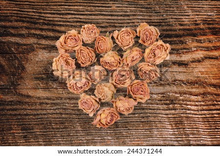 dry rose flowers heart isolated on wood panel