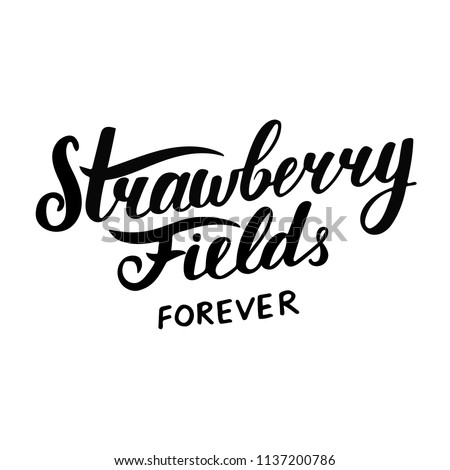 Hand sketched lettering Strawberry Fields Forever. Modern brush calligraphy on white background. Handwritten vector illustration isolated on white background for cards, posters, banners, logo, tags. 