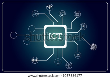 Information and Communications Technology (ICT) icons connected to a box with ICT text. There is also 3 circular shaped icon left unfilled for user to use. EPS 10. Vector illustration.