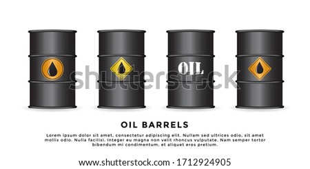 Set of 4 black oil barrels with different label or sticker designs isolated on white. Vector illustration.