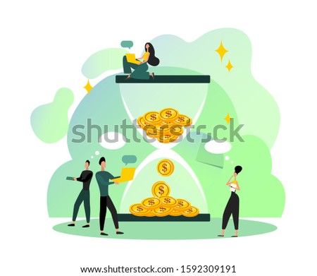 Metaphor of Time is money. Sand clock with dollars coins and busy people around.  Concept design for header