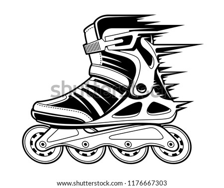 Inline roller skate with motion effect isolated on white. Black and white vector illustration.