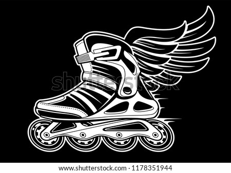 Inline roller skate with wing isolated on black. Black and white vector illustration.