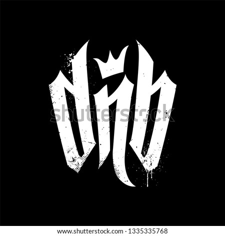White letters DnB with crown on black background with dirty grunge elements.  Vector Lettering for Drum and Bass Fans.