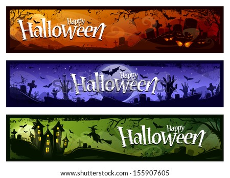 Cartoon halloween banners set. Grunge styled horizontal halloween banners with ‘Happy Halloween’ typography. Vector illustration.