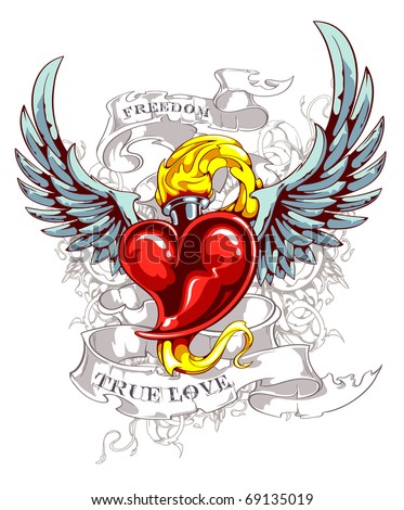 Burning Heart With Wings, Ribbon And Flourish Pattern. Grunge Style ...