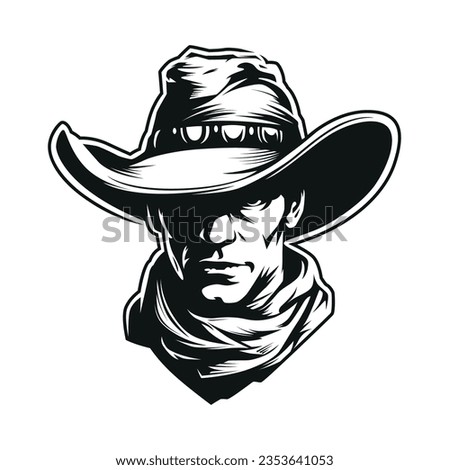 Cowboy in hat and scarf. Looking hard and dangerous. Black and white detailed vector art isolated on white. High contrast, deep shades. Clean and sharp lines. 