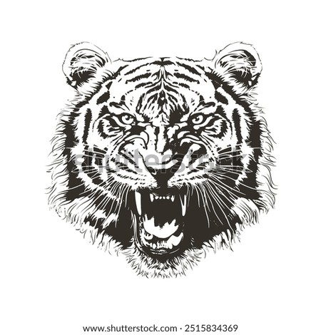 Detailed black and white vector of roaring tiger head isolated. Perfect for prints, apparel and emblems. High contrast grunge style. Fierce predator graphic captures raw power and danger.