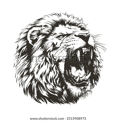 Detailed black and white vector of roaring lion head isolated. Perfect for prints, apparel and emblems. High contrast grunge style. Fierce predator graphic captures raw power and danger.