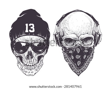 Two Dotwork Skulls With Modern Street Style Attributes. Vector Art ...