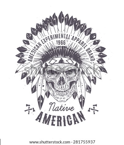 Dotwork style skull with indian feather hat. Grunge print template. Vector art.