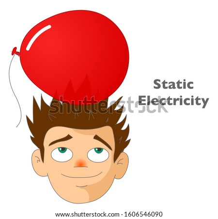 Static Electricity. Hair electric. Confused man, with thorns in his hair without static electrification. Red ballon. White background. School lesson experiment vector