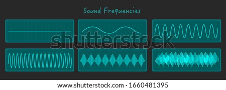 Sound frequency high low amplitude pitch note tone  voltage volume. Glow green line rhythm waves. On dark black screen background. Music, medical, education, illustration Vector Сток-фото © 
