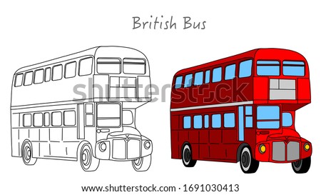 Red British bus. England, London double decker bus . Black white, technic draw sketch and red colored call box. Britain two floor old Autobus.  UK classic culture retro objects. Outline draw Vector