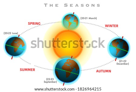 Four seasons. Seasons formation. Earth's position and distance from the sun. Spring. Vernal, autumn equinox, Winter, summer solistice. White background. Illustration vector