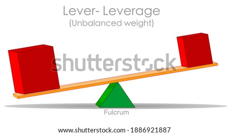 Leverage. Lopsided of two objects of different weight. Unbalance scale, lever pry. Red big, heavy cube, light box. Unstable age ratio. Same distance to fulcrum. Physics, economic, politic. Vector