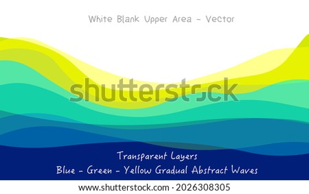 Gradual transition blue, green to yellow progressive waves. Cool colors. Transparent wavy sea, hair, ice, cold. Dark to light degrade scheme. top open area, Free upper backdrop. Vector illustration
