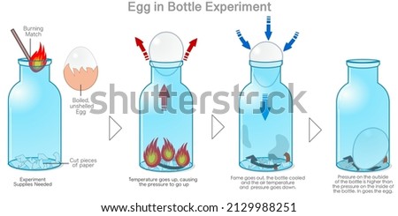 Egg in a bottle experiment. Air pressure. Boiled, unshelled egg get sucked into glass. When temperature goes up, pressure goes up and down test, stages. scientific demonstration. Vector illustration Stockfoto © 