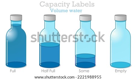 Capacity labels, volume water. Full, half full, empty, some, nearly blue liquid, water in shiny glass bottle. Liquid fraction stages, steps set. Transparency cruet, caps. Illustration vector