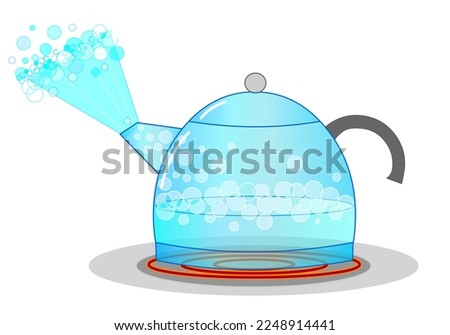 Boiling teapot, steam energy. Fluid, vapor pressure. Hot modern electric stove. Evaporating in the transparent glass kettle. Point of water. Liquid to gas. Killing virus, germ. Illustration Vector