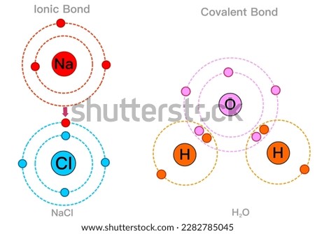 Ionic covalent bonds examples. Chemical structural models.  Atoms, protons, electrons transfer, sharing.  Water H2o, sodium chloride Nacl molecular electron. Colored shell diagram. Illustration vector