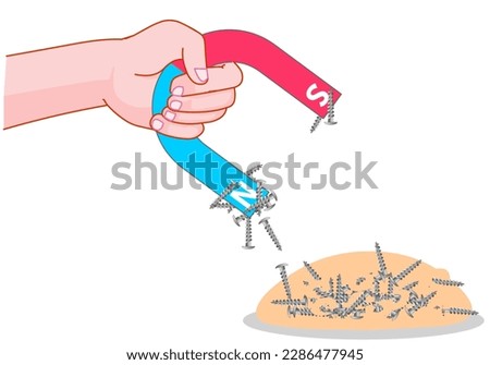 Magnet horseshoe. Hold choose, collect metal nails, screw. Separate hand-held horseshoe from sand, sawdust. Physics lesson, magnetism. Separating mixtures. Blend magnetics. Illustration vector