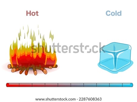 Hot cold. Ice cube, camp fire. Opposite english words. Temperature, heat difference. Chemistry lesson topic. Red to blue bar. Illustration vector
