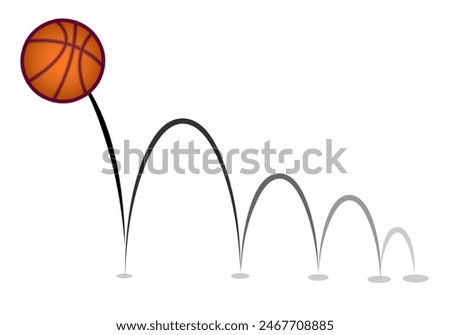 Bouncing ball, graph in physics. Projectile motion, parabolic curve trace silhouette. Basketball ball movement. Sport, gravity vector illustration

