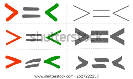 Less than greater equal symbol. Mathematics. inequality, Different colored symbol red green gray. Number set, font, thin, thick, cartoon design. Math simple. Vector  illustration