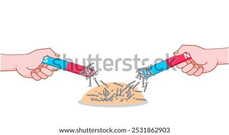 Separate nails, screws from sand or stone piles with a bar magnets. Hold choose, collect. Hand held blue, red n, s magnets. Vector illustration