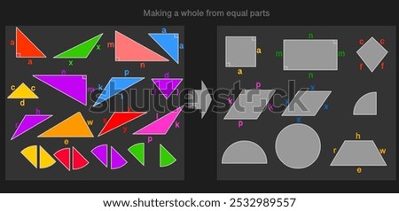 Quadrilateral types, circle piece. Math puzzle game. Making whole equal parts.halves, thirds. fourths. equivalent components. Visual math., drag and drop. Vector illustration