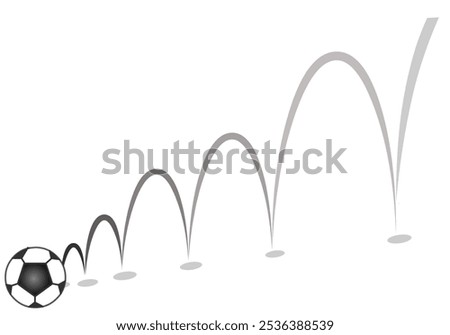 Bouncing ball, quadratic graph in physics. Projectile motion parabolic curve trace, soccer ball. Football ball movement. Sport, physics Vector illustration	