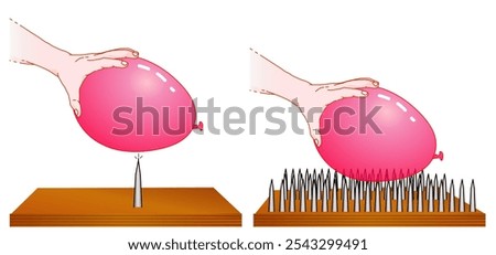 Pressure equals force divided by area. Balloon on bed of nails. Large area, small field. Low, high force. Surface press, kilogram by cubic meter. Physics experiment. Illustration vector	