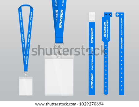 Vector illustration of lanyard and bracelets for identification and access to events. Security and control elements. Lanyards and bracelets with place for sponsor and name of the event. Design in blue